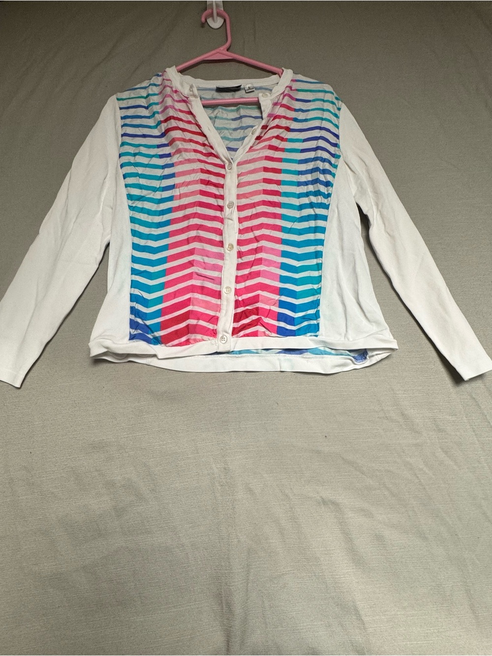 Per Se White Button-Front Cardigan with Pink & Blue Chevron Panel